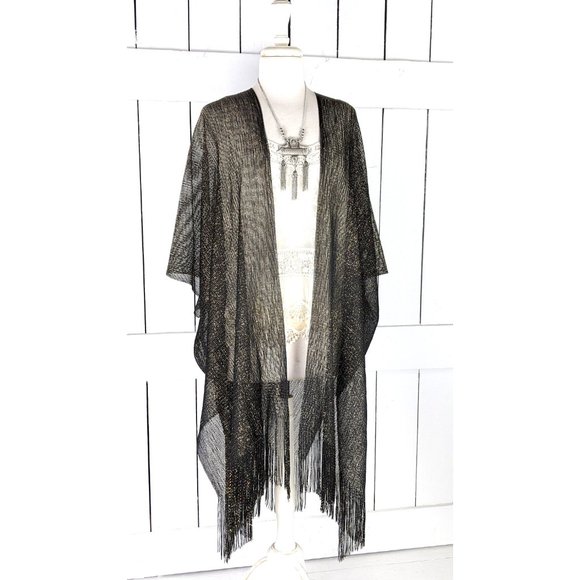 Black gold metallic mesh kimono cover up fringe jacket READY TO SHIP - Picture 4 of 5